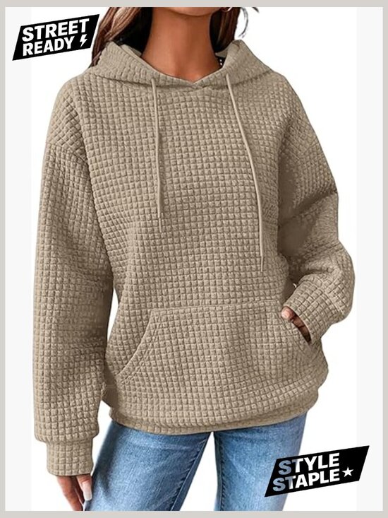 Tops - Womens Oversized Hoodie Drawstring Waffle Pullover Sweatshirt with Pocket